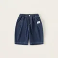 Kids elastic waist denim shorts in dark blue finish with casual pockets and contrast stitching - 120 / Denim Blue