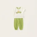 Kids summer cotton set with cream cartoon t-shirt and green drawstring casual pants - 80 / Green