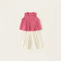 Mädchen Sommer-Set mit rosenrosa ärmellosem Falten-Oberteil und beigen Shorts - 80 / Oberteil Und Unterteil / Rosa
