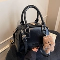 Retro black leather bowling bag with adjustable strap and cute teddy bear charm - With Charm / Black