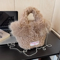 Brown fuzzy faux fur handbag with sheep-like texture and silver chain strap - Khaki