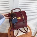 Retro wine red college style backpack in suede leather with a teddy bear charm - With Charm / Burgundy