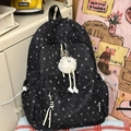 Sac à dos noir mignon avec motif d'étoiles blanches et breloque monstre poilue - Noir (Avec Pendentif)