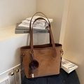Vintage brown leather tote bag with decorative purple plush pompom and beaded charm - With Charm / Brown