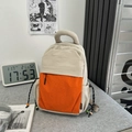 Versatile commuter backpack in beige and orange plaid fabric with adjustable side cords - Orange Without Charm