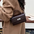 Vintage dark brown leather crossbody square bag with silver metal lock for women - Coffee