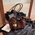 Retro dark brown large tote bag with cute ice cream pendant and sleek shoulder straps - Brown with Pendant