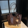 Retro dark brown large tote bag with leather texture and shoulder strap detailing - Coffee with Pendant
