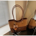 Detail of vintage patchwork tote bag with suede texture and cute plush bear charm - With Pendant / Brown