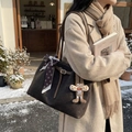 Brown matte suede tote bag with floral scarf and cute plush pendant in winter cafe setting - Coffee with Pendant
