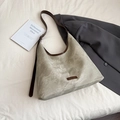 Retro grey-green hobo shoulder bag with dark brown trim and high-capacity marble texture - Rice Grey No Pendant