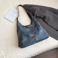 Blue marble texture tote bag with brown leather straps and vintage canvas finish - Blue Without Charm