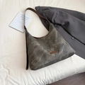 Dark gray vintage textured bucket bag with brown leather straps and brand logo detail - Ebony without Pendant