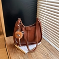 Retro brown PU leather bucket bag with semi-circle design and trendy plush charm - Brown with Pendant