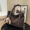 Deep grey vintage tote bag with matte texture and a brown plush rabbit charm accessory - Coffee with Pendant