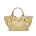 Close-up of creamy yellow lychee pattern leather tote bag with gold buckle detail - Light Yellow