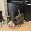 Olive green frosted leather tote bag with long shoulder strap and plush rabbit charm - Green with Pendant