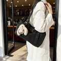 Retro black matte leather tote bag with plush rabbit charm and adjustable straps - Black with Pendant