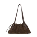 Retro coffee brown suede shoulder bag with pleated drawstring and silver buckle detail - Brown