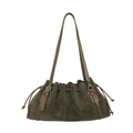 Olive green pleated leather shoulder bag with drawstring closure and slim straps - Green