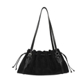 Retro black suede shoulder tote bag with drawstring closure and leather strap design - Black