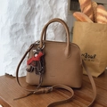 Brown litchi grain leather shell bag with adjustable strap and cute bear charm - With Pendant / Brown
