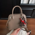 Dark camel lychee texture leather shell bag with bear charm and adjustable strap - With Pendant / Elephant Gray