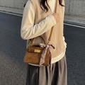 Retro brown suede handbag with gold buckle and silk scarf detail on handle - Brown