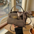 Retro dark brown crossbody bag with lychee texture, silk scarf, and golden lock - Coffee