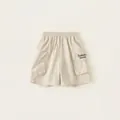 Kids minimalist beige cargo shorts with elastic waist and stylish side pocket embroidery - Khaki / 110