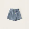 Girls light blue denim culottes with elastic waist and three colorful decorative buttons - 110 / Denim Blue