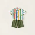 Boys summer two-piece outfit with cartoon crocodile striped shirt and olive green shorts - 80 / Colorful Stripes