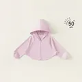 Pink hooded kids sun protection jacket with wide brim and breathable UPF 50+ fabric - Purple / 80