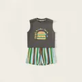 Ensemble garçon gilet gris foncé imprimé hamburger et short à rayures colorées - Gris / 80