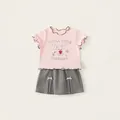 T-shirt rose avec imprimé lapin et jupe plissée grise avec nœuds pour filles - 80 / Rose