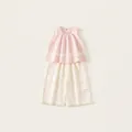 Girl's summer two-piece set featuring a pink sleeveless top and beige wide-leg pants - 80 / Pink