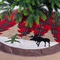 Red and black plaid Christmas tree skirt with elk and pine tree embroidery detail - Tree Skirt