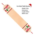 Linen Christmas table runner with red truck, gnome print and festive tassels - Truck Style