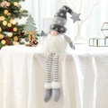Plush Christmas gnome with long legs and striped grey hat in a cozy festive setting - Gray Long Legged Faceless Gnome