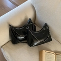Set of two black glossy wrinkled PU leather underarm bags with stylish metal chain straps - Large / Black