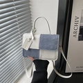 Chic color-block square handbag in blue and white leather with top handle and strap - White