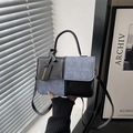 Fashionable color-block square bag in black leather and blue denim with handle - Black