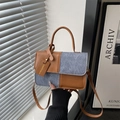 Chic two-tone square handbag in brown leather and grey textured fabric for women - Brown