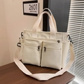 Borsa tote in tela color crema con tasche multiple e tracolla regolabile - Bianco Sporco