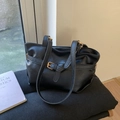Retro schwarze Leder-Shopper mit goldener Schnalle für den täglichen Arbeitsalltag - Schwarz