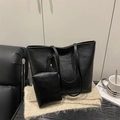 Bolso tote negro minimalista de gran capacidad en cuero PU con patrón de lichi y bolsa - Negro