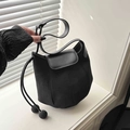 Minimalist black patchwork handbag with suede texture and drawstring bead charms - Black