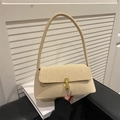 Vintage beige leopard print baguette bag with gold metal buckle and leather strap - Khaki