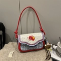 Pink apple patterned shoulder bag with blue checkered fabric and cute bear charm - With Pendant / Scarlet Blue