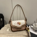 Cute pink apple themed small square shoulder bag with brown plaid and plush bear charm - With Pendant / Light Mist Brown